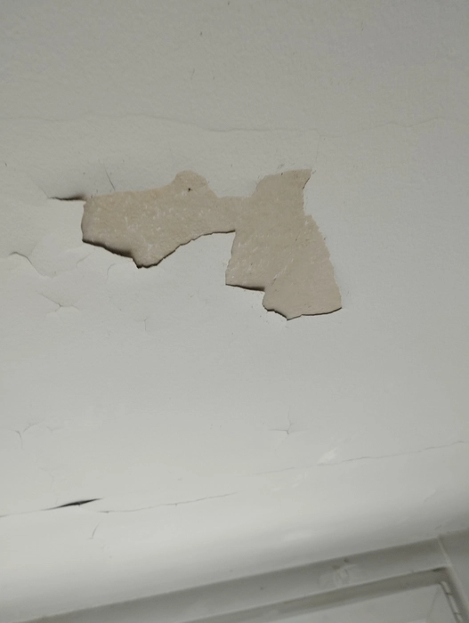 Abblätternde Farbe an einer weißen Decke, die auf mögliche Feuchtigkeitsschäden hinweist.