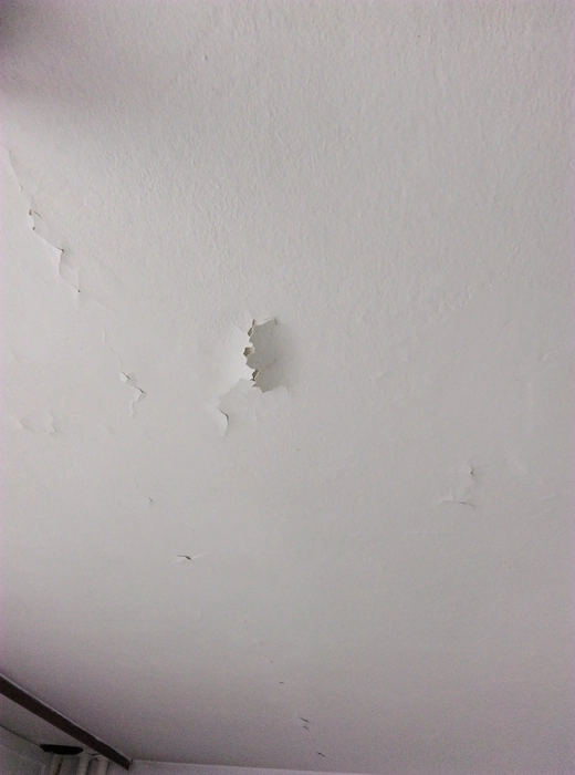 Decke mit abblätternder Farbe, die auf potenzielle Feuchtigkeitsschäden oder schlechte Haftung hinweist.