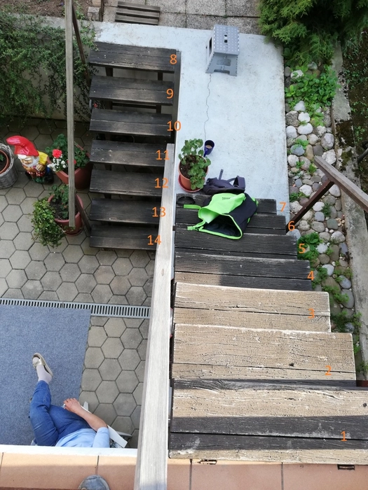 Eine Draufsicht auf eine Holzaußentreppe mit unregelmäßig angeordneten Stufen, die zu einem darunterliegenden Gartenbereich führt.