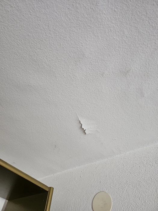 Decke mit abblätternder Farbe, die auf mögliche Feuchtigkeitsschäden hinweist und den Putz darunter sichtbar macht.