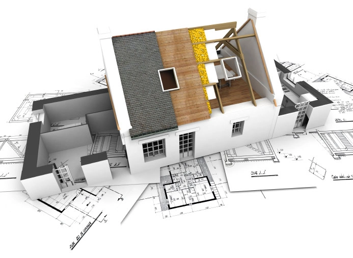 Architekturplanung - Baubewilligung einholen Architektonische Pläne und Modell des Hauses.