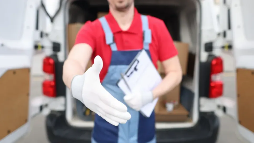 Profi will ein angebot machen Ein Handwerker in Arbeitskleidung streckt die Hand zum Händeschütteln aus und hält in der anderen ein Klemmbrett, im Hintergrund ein offener Lieferwagen.