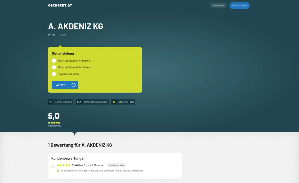 Akdeniz kg - öffentliches profil Profilseite von A. AKDENIZ KG auf Gecheckt.at mit Auswahl der angebotenen Leistungen, einer 5,0-Sternebewertung und hervorgehobenen Merkmalen wie schnelle Rückmeldung und geprüfter Profi.