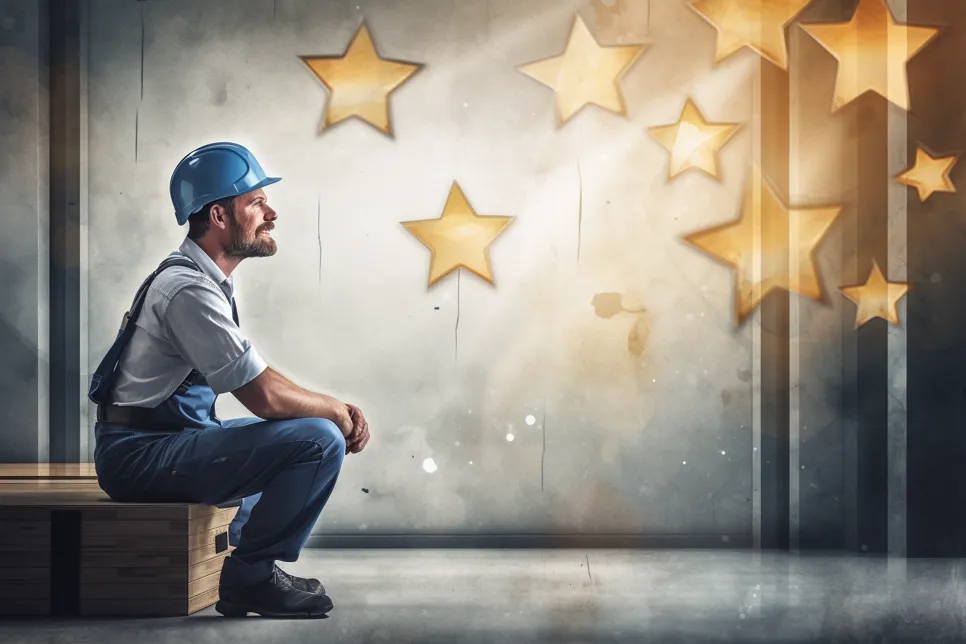 Profi mit sternbewertungen 2 Ein Handwerker mit Helm und Arbeitskleidung sitzt auf einer Holzkiste und blickt nachdenklich auf leuchtende Sterne, die vor einer grauen Wand schweben – Symbol für Kundenbewertungen.