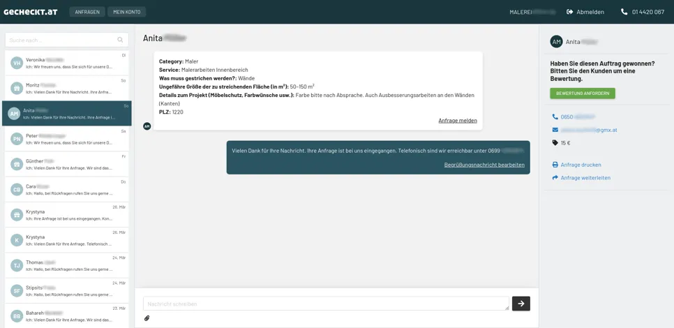 Provider interface - anfragen Ein Screenshot der Gecheckt.at-Oberfläche zeigt eine eingegangene Kundenanfrage für Malerarbeiten inklusive Kontaktdaten, Projektbeschreibung und Kommunikationsverlauf.
