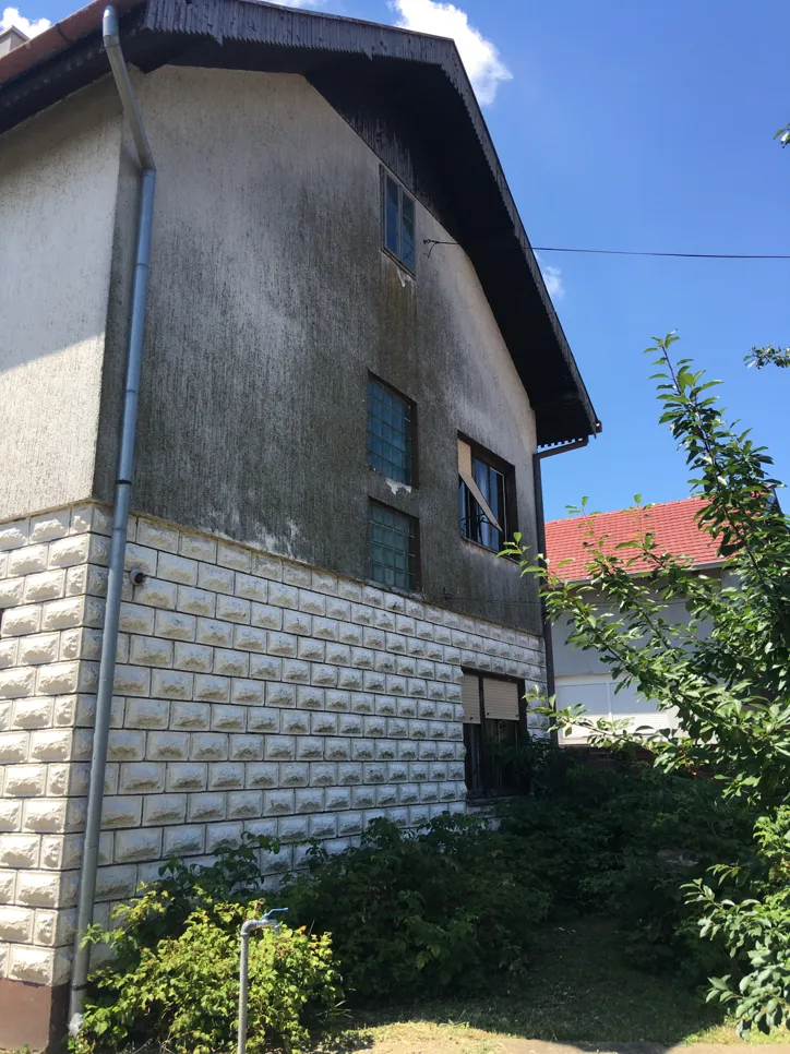 Schimmelbildung an der hausfassade Schimmelwachstum an der Außenwand des Hauses, was auf mögliche Feuchtigkeitsprobleme und die Notwendigkeit einer Fassadenreinigung hinweist.