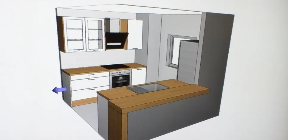 Küchenlayout-design mit insel 3D-Küchendesign mit einer Insel, modernen Schränken und integrierten Geräten für eine effiziente Raumnutzung.