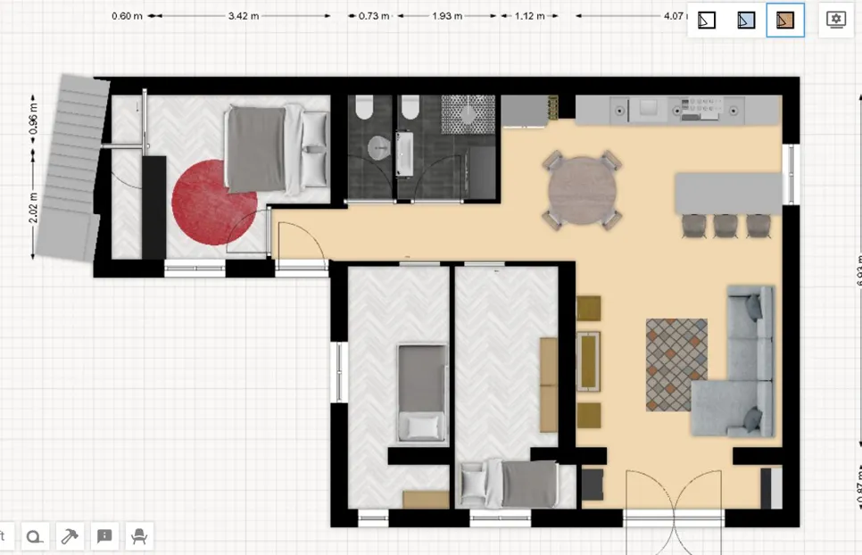 2-zimmer-wohnung grundriss (61253) Grundriss der 2-Zimmer-Wohnung mit Küche, Wohnbereich und zwei Schlafzimmern.