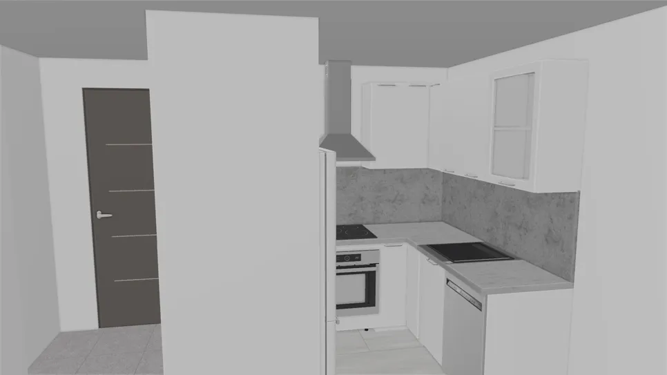Kompaktes modernes Küchenlayout mit eingebauten Geräten und einem minimalistischen Design, das in Grau- und Weißtönen gehalten ist.