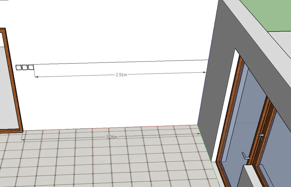 Bodenplan skizze mit abmessungen 3D-Bodenplansskizze, die Wandmaße und das Fliesenlayout zeigt, mit Hervorhebung der Abmessungen von 2,91 m und 3,26 m.