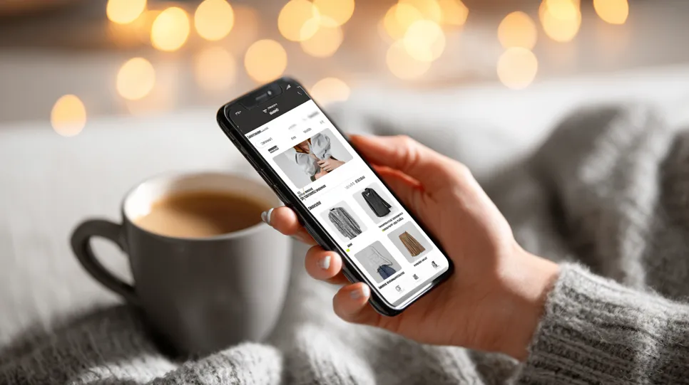 Entspanntes online-shopping in gemütlicher atmosphäre Eine Frau in einem grauen Strickpullover hält ein Smartphone in der Hand und durchstöbert eine Online-Shopping-Seite für Mode. Neben ihr steht eine graue Tasse mit Kaffee. Der Hintergrund ist unscharf und von warmen, goldenen Lichtern (Bokeh) erhellt, was eine gemütliche und entspannte Stimmung vermittelt.