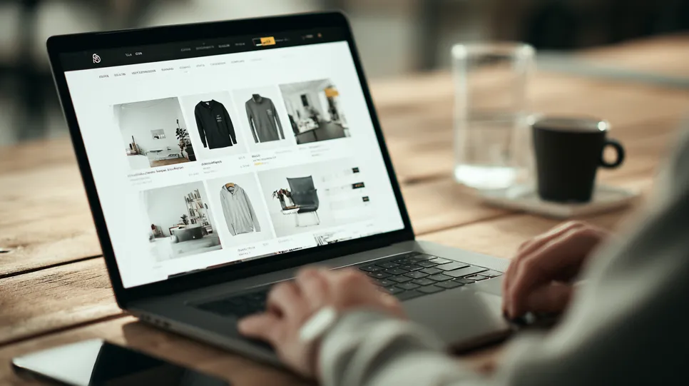 Durchstöbern eines online-shops Nahaufnahme einer Person, die an einem Holztisch sitzt und auf einem Laptop in einem Online-Shop für Mode und Möbel stöbert. Die Hände der Person liegen auf der Tastatur. Im unscharfen Hintergrund stehen eine Kaffeetasse und ein Wasserglas.
