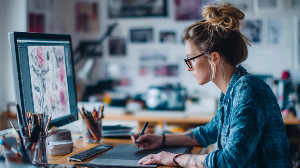 Eine junge, konzentrierte Designerin mit Brille und Dutt sitzt in ihrem Atelier an einem Holzschreibtisch. Sie arbeitet mit einem digitalen Stift an einem Grafiktablett. Auf dem Computermonitor vor ihr ist eine detailreiche, florale Illustration zu sehen. Der kreative Arbeitsplatz ist von Stiften und Pinseln umgeben.