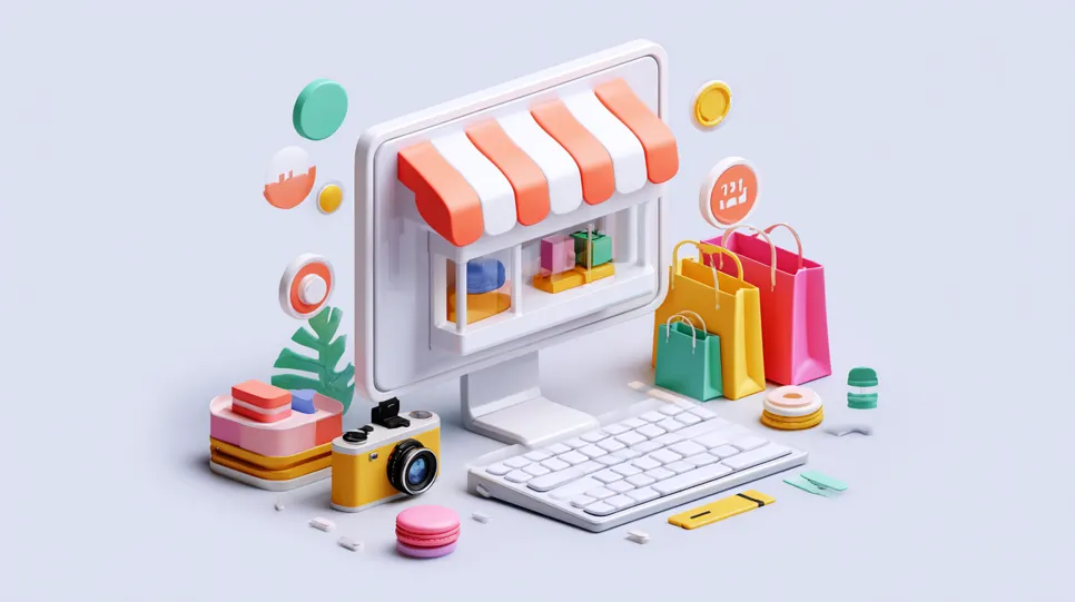 Bunte 3d-welt des online-shoppings Eine stilisierte 3D-Illustration zum Thema E-Commerce. Im Zentrum steht ein Computermonitor, aus dem ein Geschäft mit einer orange-weiß gestreiften Markise herausragt. Davor befinden sich eine Tastatur, bunte Einkaufstaschen, eine Kamera und verschiedene dekorative Elemente auf einem hellvioletten Hintergrund.
