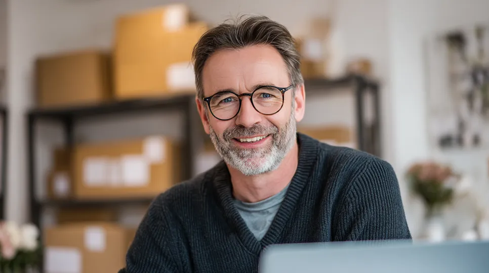 Porträt eines freundlichen kleinunternehmers Ein sympathischer Mann mittleren Alters mit Brille und grau meliertem Bart lächelt freundlich in die Kamera. Er sitzt in seinem Büro oder Lager, im unscharfen Hintergrund sind Regale mit Versandkartons zu sehen, was auf ein Online-Geschäft hindeutet.