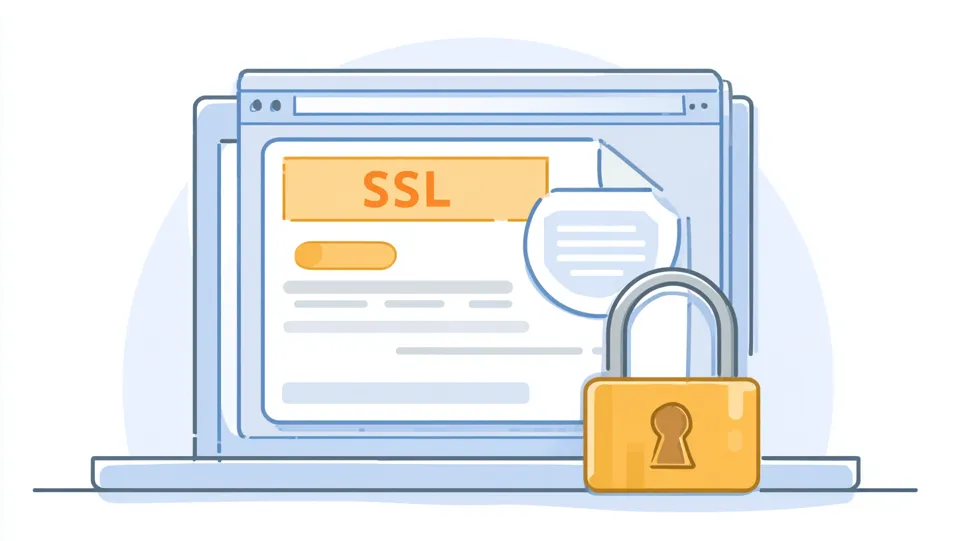 Illustration eines Laptops mit geöffneter Browserseite, auf der „SSL“ steht, und einem großen Vorhängeschloss als Symbol für sichere Datenübertragung.