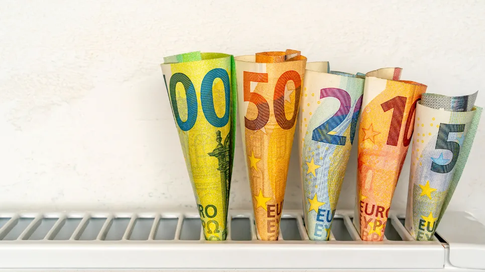 Euro-Banknoten von 5 bis 100 euro, zusammengerollt und in einen weißen Radiator gesteckt.