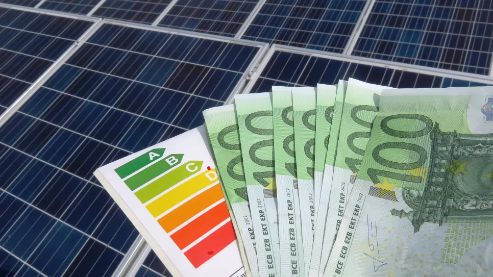 Solarstrom und Elektroautos zahlen sich aus Ein Foto der Sonnenkollektoren im Hintergrund, vor denen die 100-€-Scheine ausgebreitet sind. Neben den Geldscheinen ist ein Energielabel mit einer Effizienzskala von grün (A, am effizientesten) bis rot (am wenigsten effizient) zu sehen. Das Bild zeigt den Zusammenhang zwischen Solarinvestitionen, finanziellen Einsparungen und Energieeffizienz.