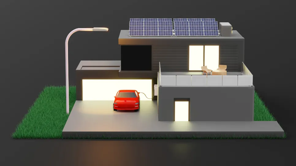 Ein modernes Ökohaus mit Solarenergie und einem Elektrofahrzeug Ein 3D-Modell eines modernen Hauses mit Flachdach, Sonnenkollektoren auf dem Dach, einem Elektroauto, das zum Aufladen angeschlossen ist, und Außenbeleuchtung. Das Haus hat ein minimalistisches Design mit großen Fenstern, einer Garage und einer Terrasse im Obergeschoss. Es steht auf einer Wiese und ist abends beleuchtet.